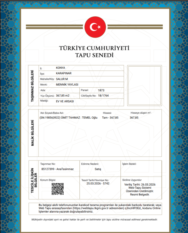 KONYA KARAPINAR MÜSTAKİL EV MÜSTAKİL EV TAPU SAHİBİ PERTA EMLAK ÜMİT TAHMAZ