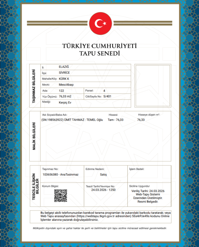 ELAZIG SİVRİCE MÜSTAKİL EV MÜSTAKİL EV TAPU SAHİBİ PERTA EMLAK ÜMİT TAHMAZ