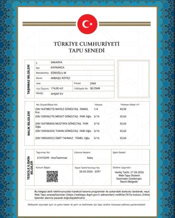 SAKARYA KAYNARCA MÜSTAKİL EV MÜSTAKİL EV TAPU SAHİBİ PERTA EMLAK ÜMİT TAHMAZ