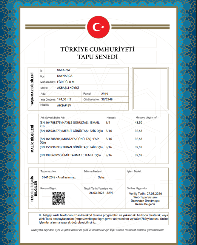 SAKARYA KAYNARCA MÜSTAKİL EV MÜSTAKİL EV TAPU SAHİBİ PERTA EMLAK ÜMİT TAHMAZ