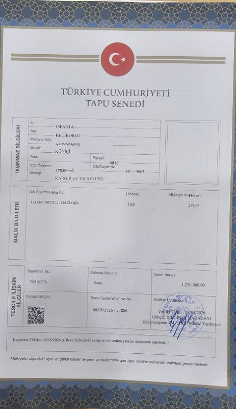 ISPARTA KECİBORLU MÜSTAKİL EV TAPU SAHİBİ PERTA EMLAK ÜMİT TAHMAZ