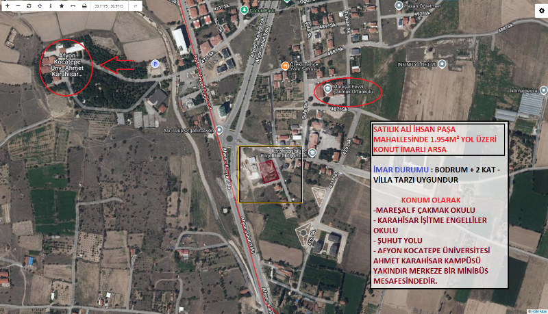 AFYON ÜÇOK EMLAKTAN ALİ İHSAN PAŞA MAH 1.954M² SATILIK İMARLI YOL ÜZERİ KÖŞE KONUM ARSA