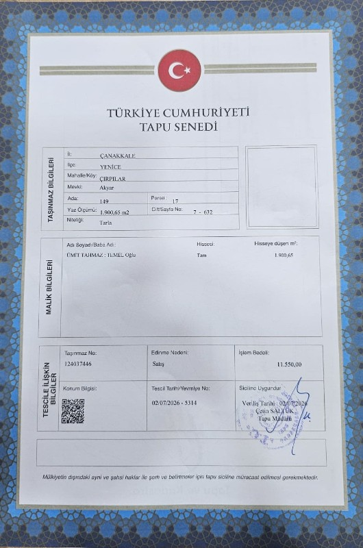 ÇANAKKALE YENİCE ARSA TAPU SAHİBİ PERTA EMLAK ÜMİT TAHMAZ