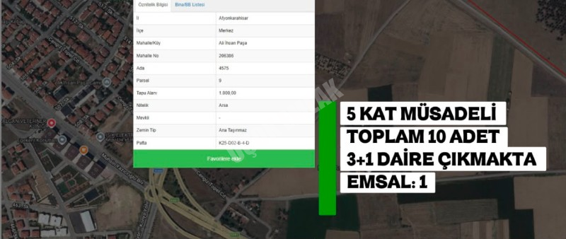 AFYON ÜÇOK EMLAKTAN ALİ İHSAN PAŞA MAH 1.000M² KAT KARŞILIĞI ARSA 