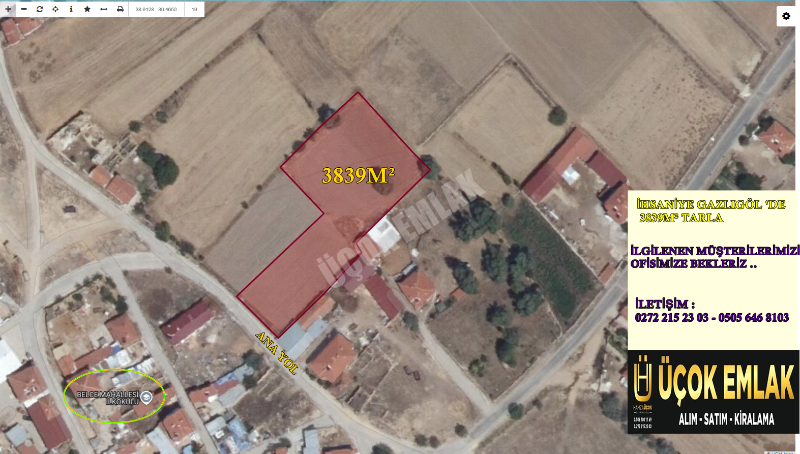 AFYON ÜÇOK EMLAKTAN İHSANİYE GAZLIGÖL BELCE MEVKİNDE 3839M² SATILIK TARLA 
