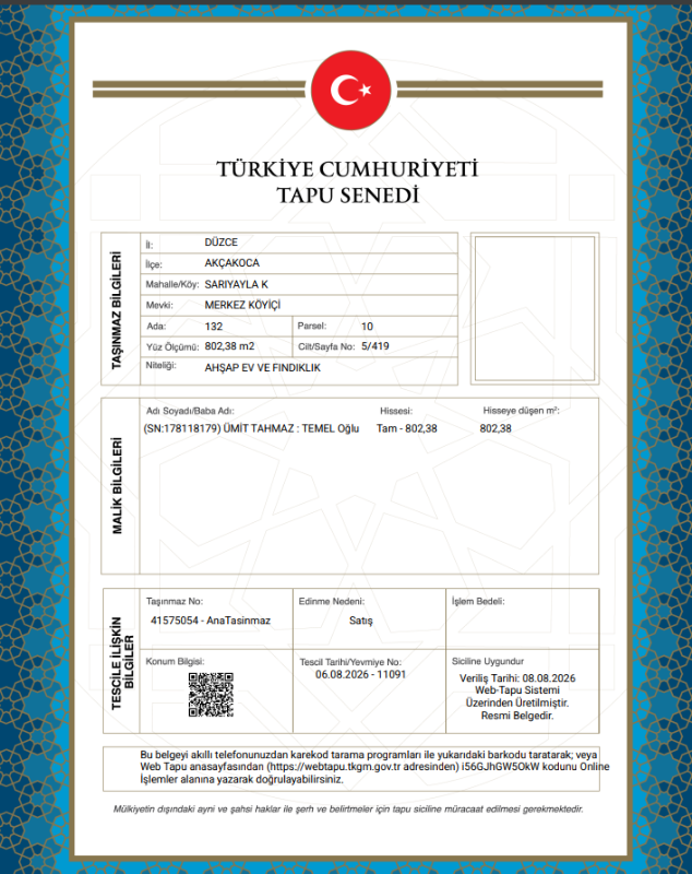 DÜZCE AKCAKOCA MÜSTAKİL EV TAPU SAHİBİ PERTA EMLAK ÜMİT TAHMAZ