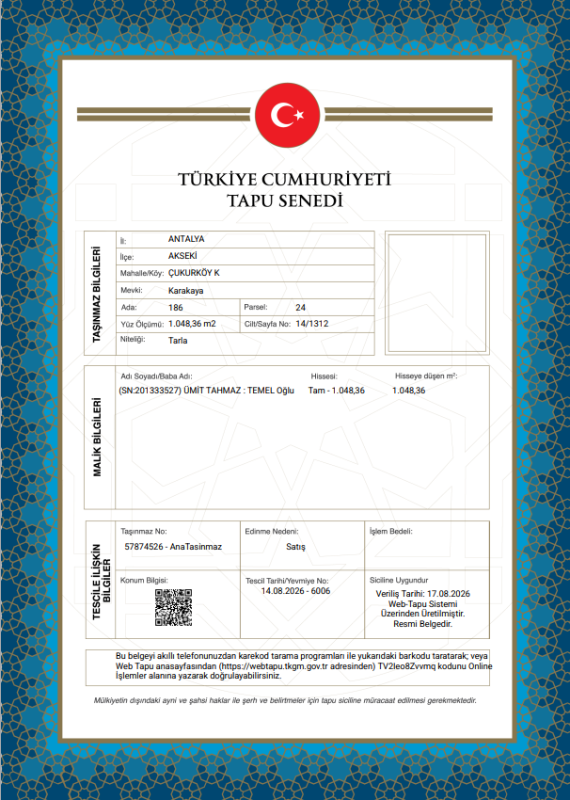 ANTALYA AKSEKİ ARSA TAPU SAHİBİ PERTA EMLAK ÜMİT TAHMAZ