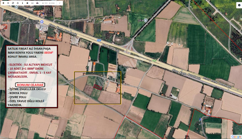 AFYON ÜÇOK EMLAKTAN ALİ İHSAN PAŞA MAH KONUT İMARLI 885M² 5 KAT MÜSADELİ SATILIK ARSA