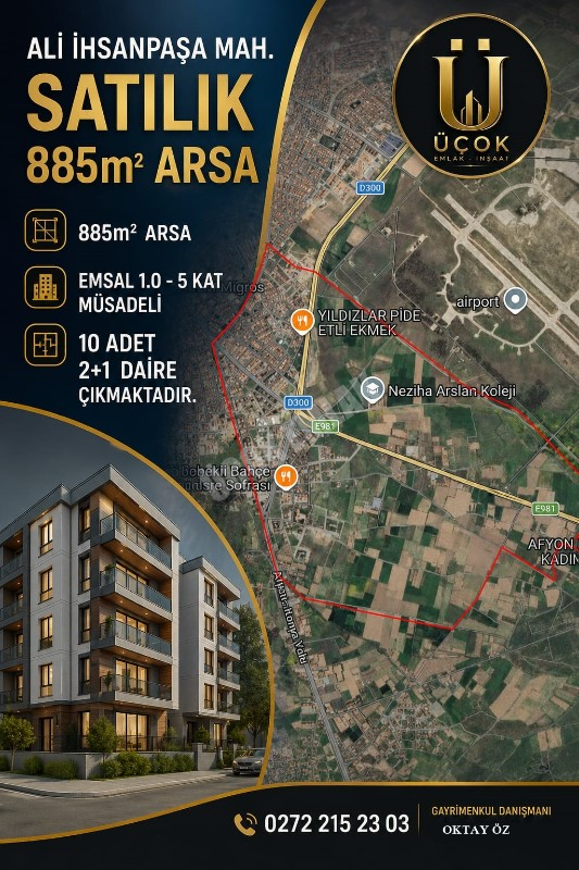 AFYON ÜÇOK EMLAKTAN ALİ İHSAN PAŞA MAH KONUT İMARLI 885M² 5 KAT MÜSADELİ SATILIK ARSA