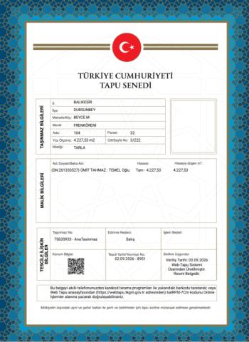 ARABA FİYATINA 4.227 m² SULAK GELECEĞİNE VE TOPRAĞINA YATIRIM YAPMAK İÇİN HEMEN ARAYIN!ARAZİ M² SADECE 112 TL PERTA EMLAK ÜMİT TAHMAZ