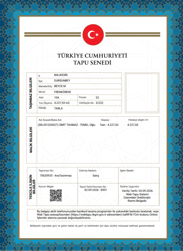 ARABA FİYATINA 4.227 m² SULAK GELECEĞİNE VE TOPRAĞINA YATIRIM YAPMAK İÇİN HEMEN ARAYIN!ARAZİ M² SADECE 112 TL PERTA EMLAK ÜMİT TAHMAZ