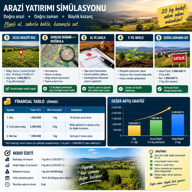 DijitalEmlak’tan 20 kilo altın Arazi Yatırım Simülasyonu.  5 yılda 35-40 kiloya ulaşma imkanı. 