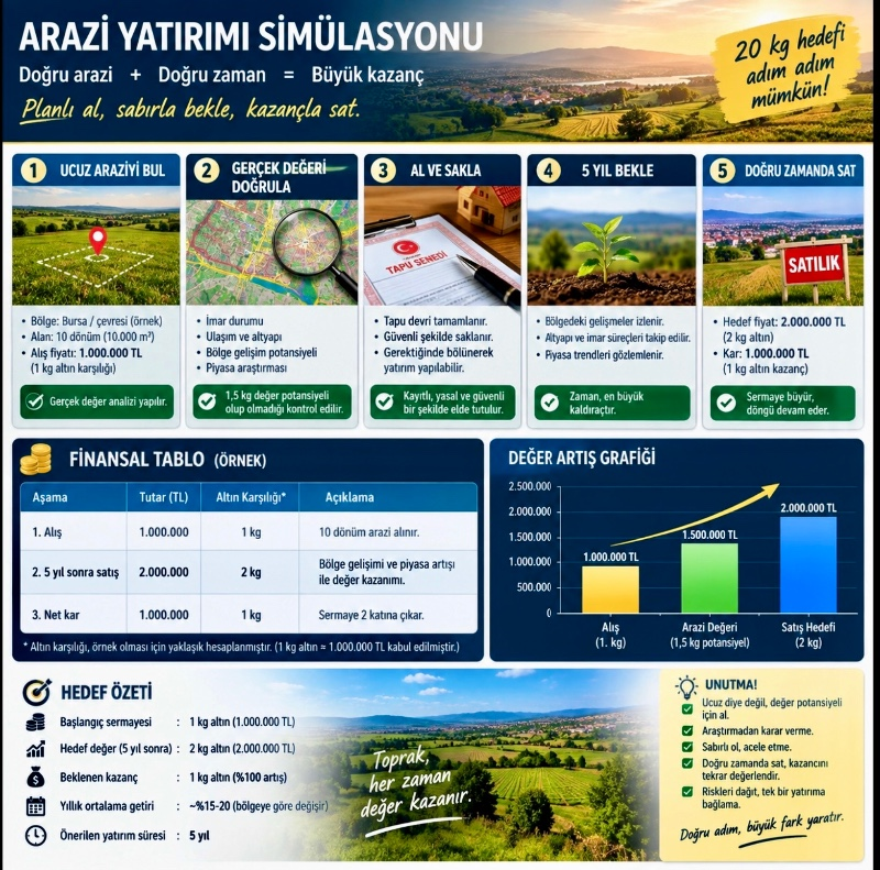 DijitalEmlak’tan 20 kilo altın Arazi Yatırım Simülasyonu.  5 yılda 35-40 kiloya ulaşma imkanı. 