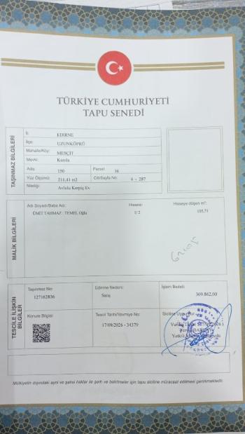 EDİRNE UZUNKÖPRÜ MÜSTAKİL EV  TAPU SAHİBİ PERTA EMLAK