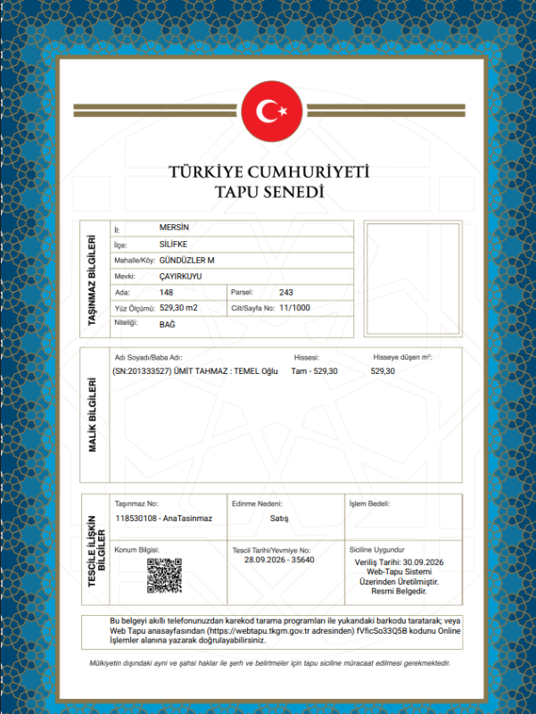 MERSİN SİLİFKE MÜSTAKİL ARSA TAPU SAHİBİ PERTA EMLAK ÜMİT TAHMAZ